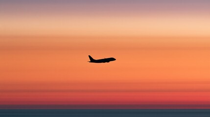 Fototapeta premium Silhouette of a commercial airplane flying across a vibrant sunset sky over the ocean