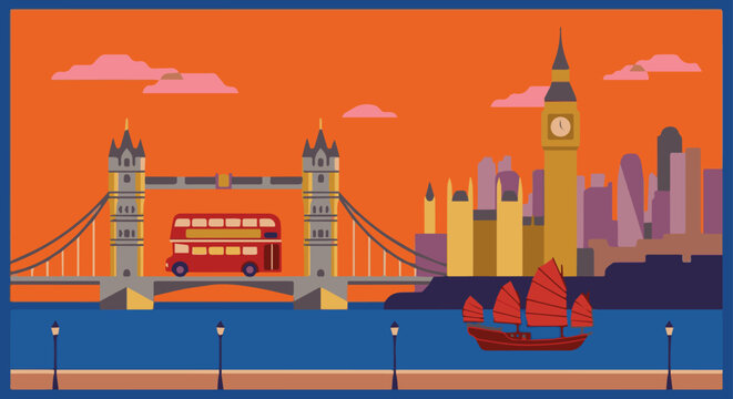 A new version. Retro travel poster vector of a classic red London double-decker bus crossing Tower Bridge, iconic suspension towers, minimalist clouds, flat design art style. 