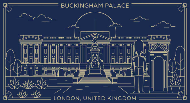 Line art vector illustration of Buckingham Palace with a royal guard wearing a bearskin hat standing in the foreground, elegant gold and navy tones, modern minimalist poster style.  
