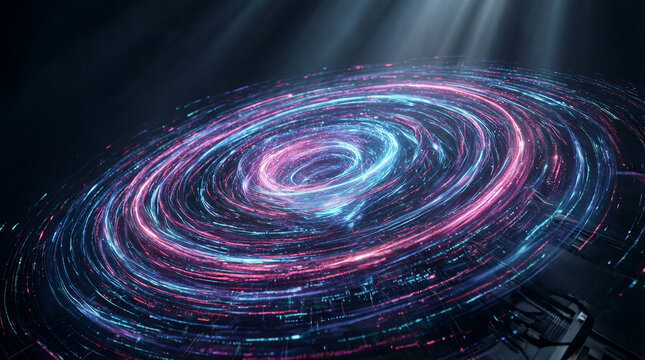 Bioluminescence plasma vortex, dynamic data stream forming a glowing circular pattern against a deep charcoal gradient background for technology concepts