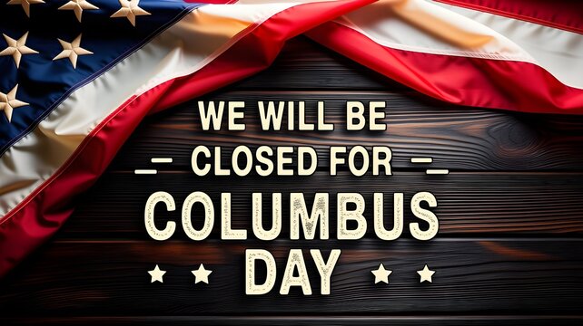 Columbus day closure sign with american flag on dark rustic wooden background