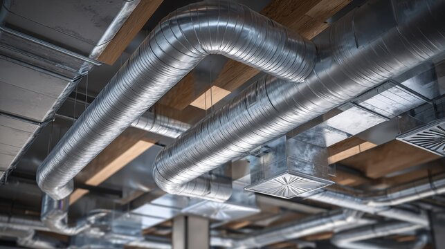 Metal ducts and vents in a commercial building under construction
