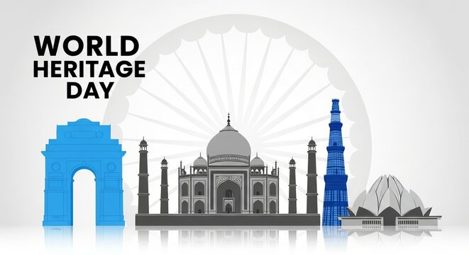 World heritage day banner featuring famous indian architecture landmarks