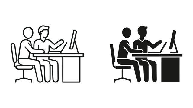 Team collaboration working together at computer desk icon set with collaboration