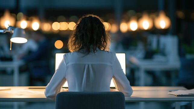 Woman working late at night in a modern office with glowing desk lamp and blurred city lights in background