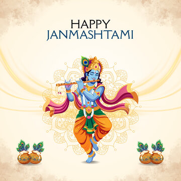 Janmashtami Cream Gold and Blue Illustrated Greeting Poster