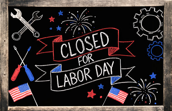 Labor day usa closed, We will be closed for labor day sign with american flag, Business closed for labor day with american flags, We will be closed on labor day announcement with american flag