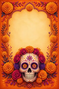 Day of the dead vertical composition background with sugar skull and marigold flower border marigold flowers dia de los muertos background vertical skeleton festival celebration tradition
