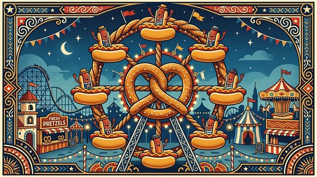 Vintage carnival poster with pretzel ferris wheel, retro amusement park illustration, hot dog fairground snacks at night