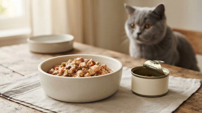 High-Quality Cat Food Bowl With A Curious Cat Observing Delicious Meal On A Wooden Table