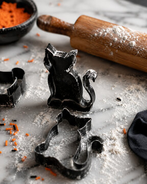 Black Cat Cookie Cutters on Floured Baking Surface