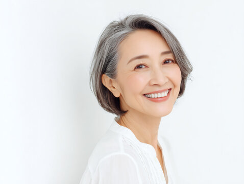 白髪のショートヘアで笑顔の美しいシニア女性ポートレート健康的な老後の画像
