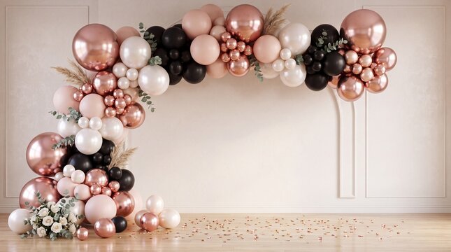 Elegant balloon garland arch for weddings and celebrations. Copper, blush, black, and white balloon cluster with greenery and gold accents on a white wall background