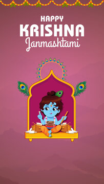 Janmashtami Pink and Gold Cartoon Krishna Greeting Poster Story
