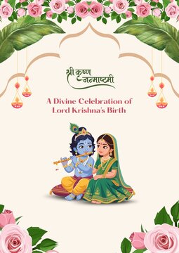 Janmashtami Pink Green and Cream Traditional Greeting Poster