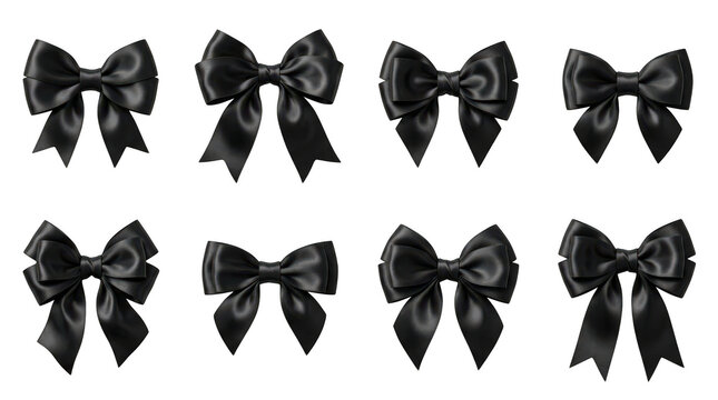 Set of eight black decorative ribbon bows isolated on transparent background