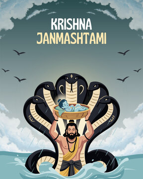 Janmashtami Teal Black and Gold Illustrated Greeting Poster