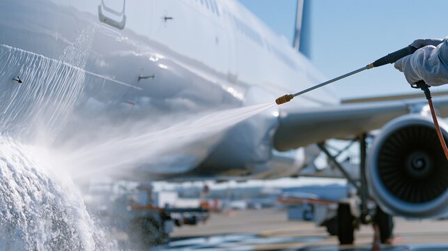 Close-up of professional aircraft cleaning with high-pressure water jet on a commercial airplane exterior
