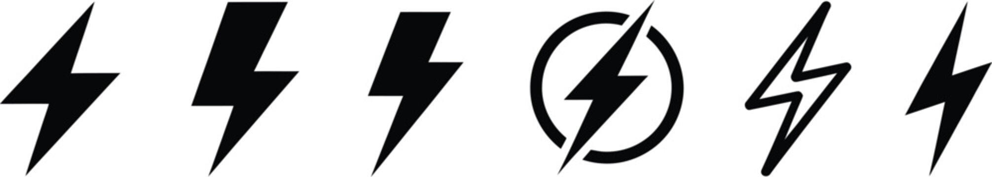 Lightning bolt icon set featuring electric energy symbols, power warning signs, voltage graphics, electrical hazards, charging concepts, utility symbols, and modern technology interface elements, vect