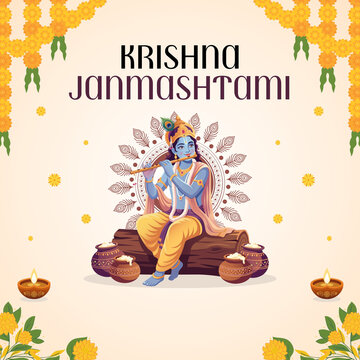 Janmashtami Yellow Orange and Beige Illustrated Greeting Poster