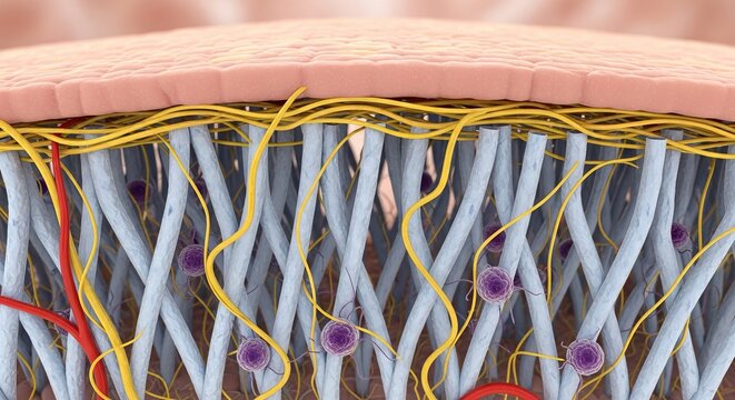 Anatomical cross section of human skin showing collagen fibers and blood vessels