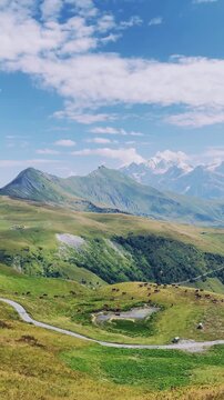 Winding mountain road through green valley with snowy alps peaks in background

