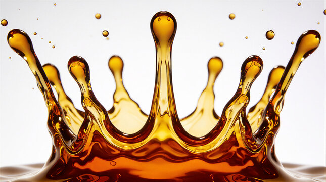 Crown splash of liquid gold rising sharply from a warm amber fluid pool