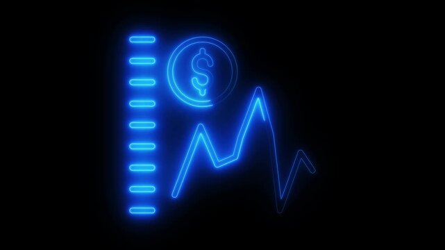 Neon financial growth chart with dollar coin digital business analytics concept, glowing blue stock market trend animation on black background