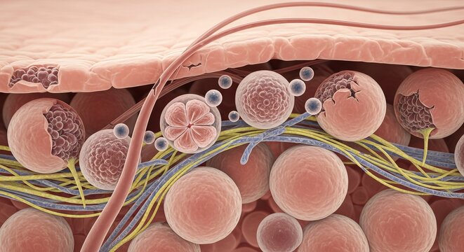 Microscopic view of human skin fat cells and subcutaneous tissue structure