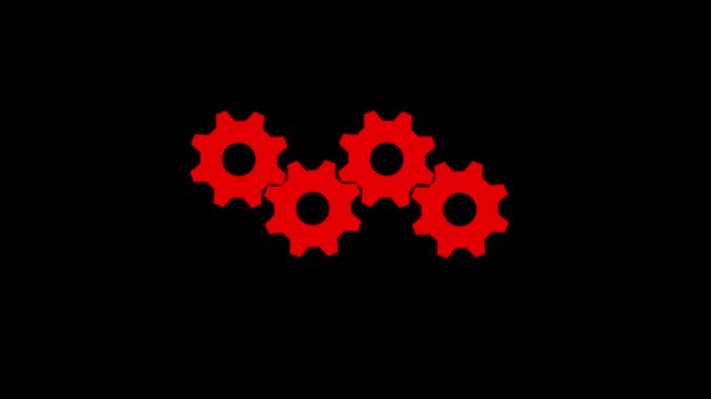 Red gear mechanism rotating animation on black background, for industrial engineering, concepts cogs rotation