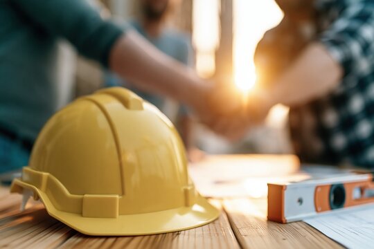 Construction professionals shaking hands over blueprints with safety helmet and level tool on wooden table during sunset
