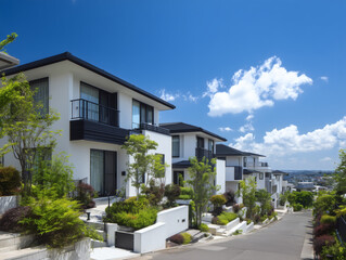 Fototapeta premium 青空が広がる晴れた日に緑に囲まれたモダンな一戸建て住宅が並ぶ美しい郊外の住宅街の風景