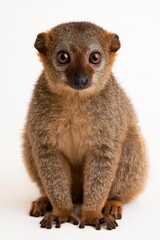 Naklejka premium Cute Lemur Portrait: A charming lemur with wide, expressive eyes and soft, brown fur sits patiently, its gaze fixed directly at the viewer, exuding an innocent and captivating presence.