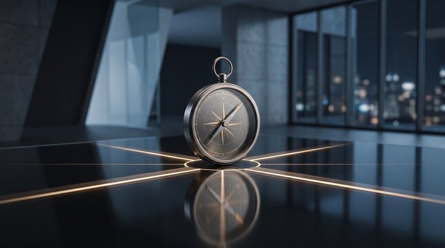 Metallic compass standing on reflective dark floor with illuminated crosshairs in modern corporate office, symbolizing business strategy guidance and direction