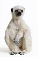 Naklejka premium Indri Lemur Portrait: A stark white background showcases a rare Indri lemur, a primate known for its striking black-and-white markings and endearing, curious gaze.
