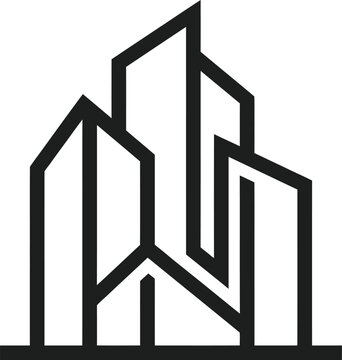 Minimal city building silhouettes with thick black contours.