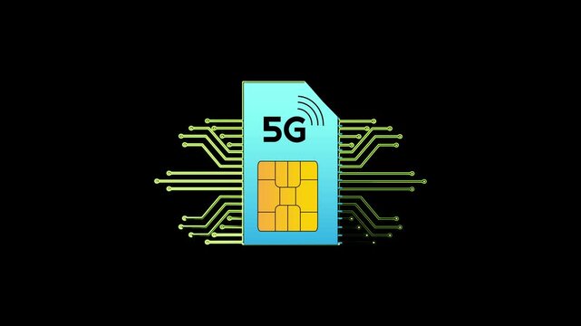 5 g sim card digital technology concept with circuit board animation on black background connectivity
