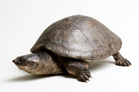 African Helmeted Turtle Close-Up: A detailed close-up showcases an African helmeted turtle with its distinctive patterned shell and alert eyes, revealing the unique texture of its skin and shell.