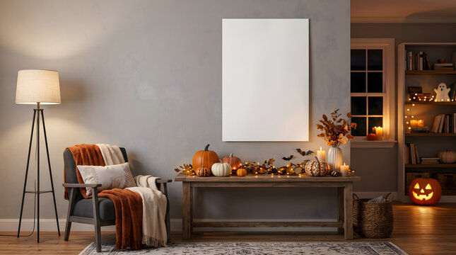 Cozy Halloween Interior Living Room Mockup with Vertical Blank Poster Frame on Gray Wall Above Wood Console Table Decorated with Pumpkins Jack O Lantern Autumn Leaves Candles and Soft Lamp Light