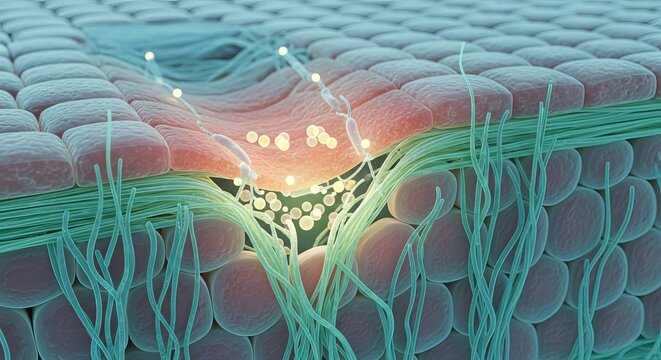 Microscopic 3D rendering of skin tissue damage and healing regeneration
