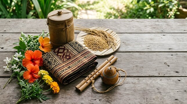 Traditional Kaamatan heritage items on rustic wooden table