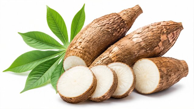 Cassava roots sliced with green leaves on white surface