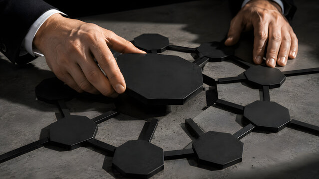 Hands adjusting black modular components on a networked surface. Represents infrastructure development, systems integration, and complex project management.
