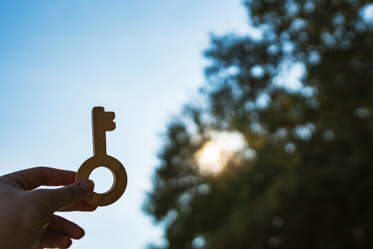 Real estate and success concept with hand holding wooden key against blue sky and sunshine through trees for unlocking new opportunity, home buying solution and future achievement.