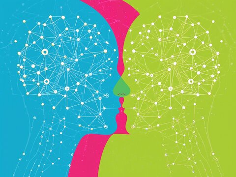 Abstract silhouettes of two faces intertwined, featuring colorful geometric patterns and digital connectivity shapes