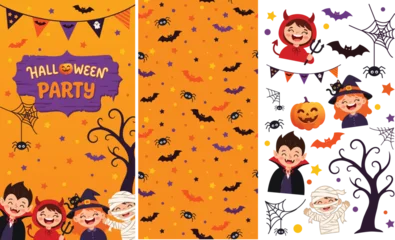 Halloween party cartoon characters illustration children in monster costumes vampire, witch, mummy and devil. Holiday design for party invitation, greeting card, banner orange seamless pattern backgro © EvgeniiasArt