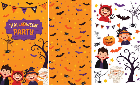 Halloween party cartoon characters illustration children in monster costumes vampire, witch, mummy and devil. Holiday design for party invitation, greeting card, banner orange seamless pattern backgro