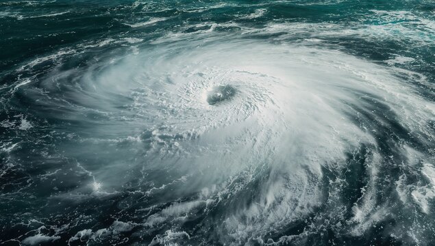 Aerial view of a powerful hurricane swirling over the ocean with dark waters