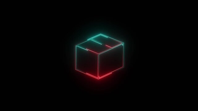 Glowing neon cube outline on a dark background