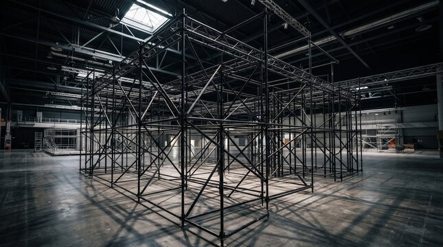 Industrial steel scaffolding framework in dimly lit warehouse construction site